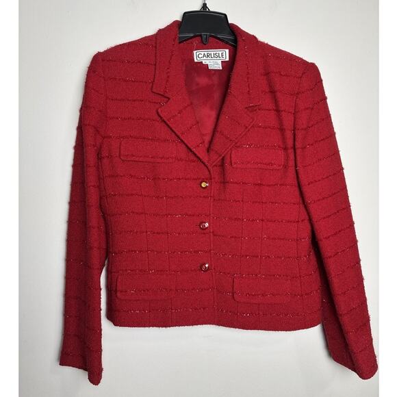 VTG 90s Carlisle Wool Blend Red Blazer Sz 10 Sparkle Preppy Tweed Holiday Office - Picture 1 of 8